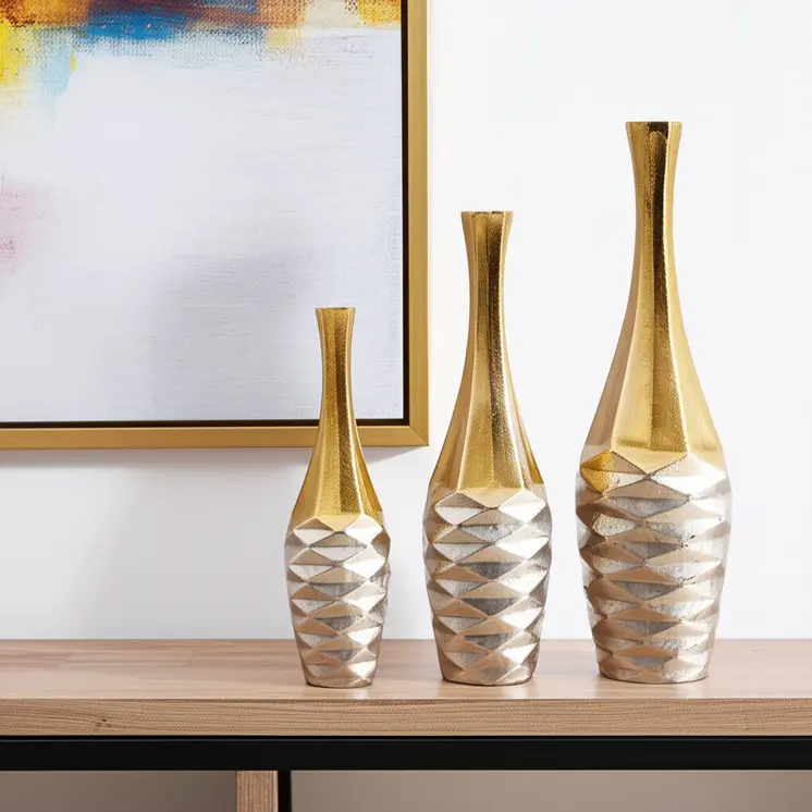 Set of Three Gold Aluminum Urn Table Vases