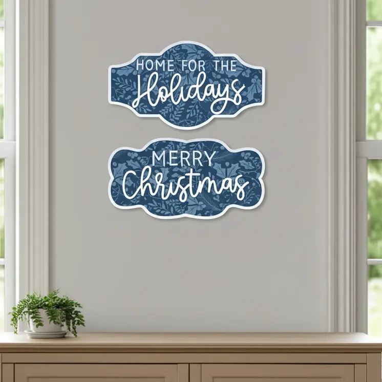 Set of Two Blue And White Christmas Wood Hanging Dimensional Sculpture