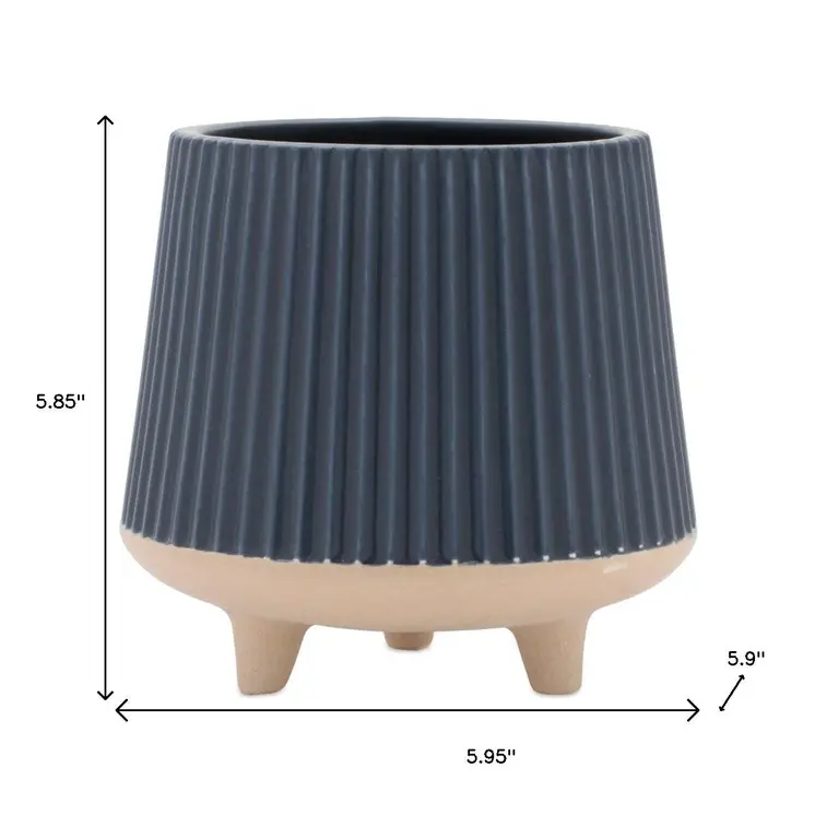 Set of Two Blue And Beige Ceramic 1 Ounce Geometric Round Pot Planters