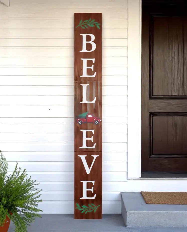 72" Brown Solid Wood Believe Christmas Holiday Red Truck Porch Sign