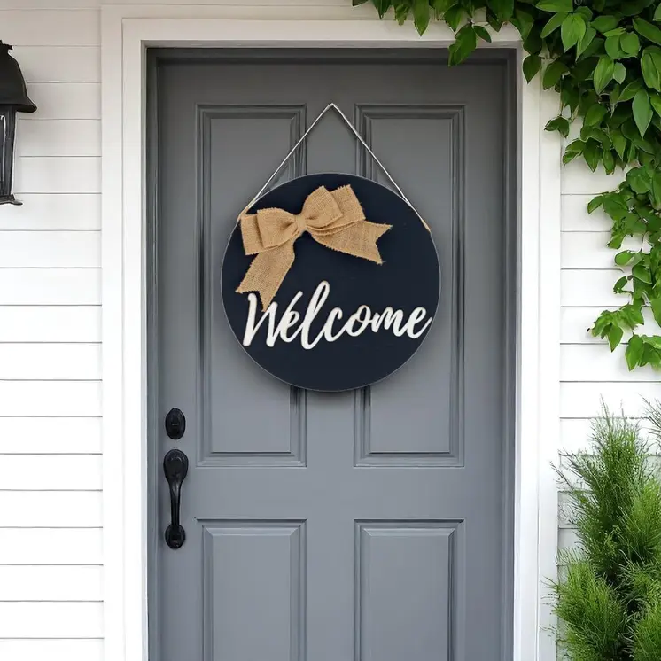 12" Black Hello and Welcome Solid Wood Reversible Hanging Wall Or Door Decor