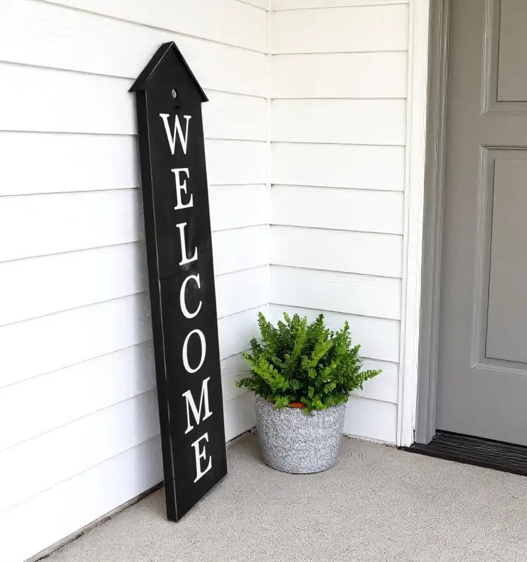 48" Black And White Solid Wood Birdhouse Welcome Porch Sign