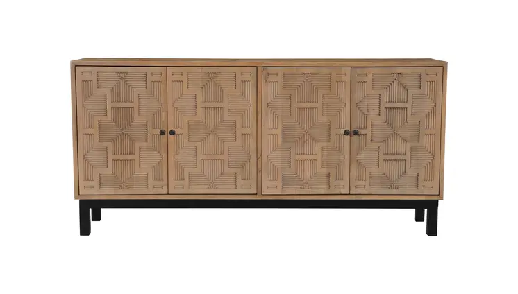 80" Brown Solid Wood Carved Geometric Sideboard with Four Doors