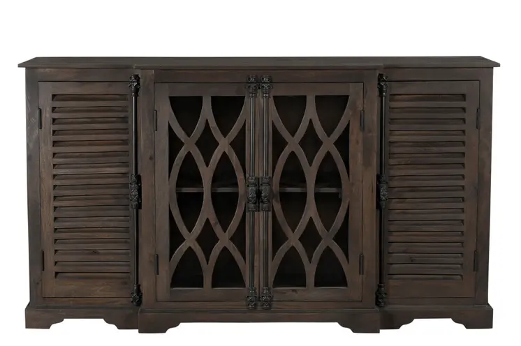 70" Dark Brown Solid Wood Carved Geometric Sideboard with Four Doors