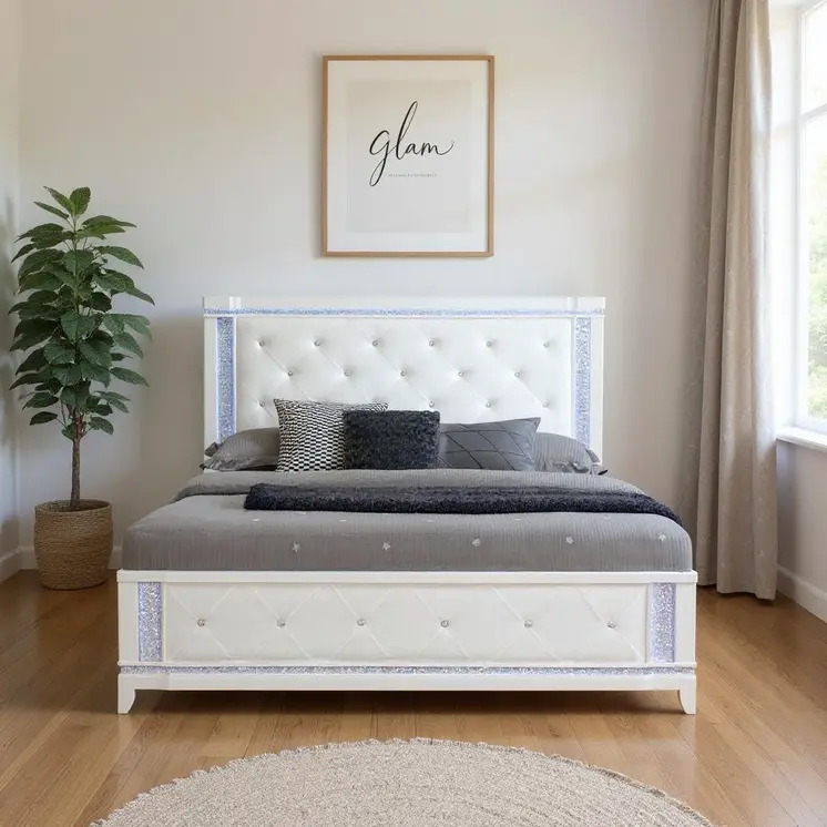 White Faux Crystal Bling Wood And Tufted Cotton Lighted King Bed Frame