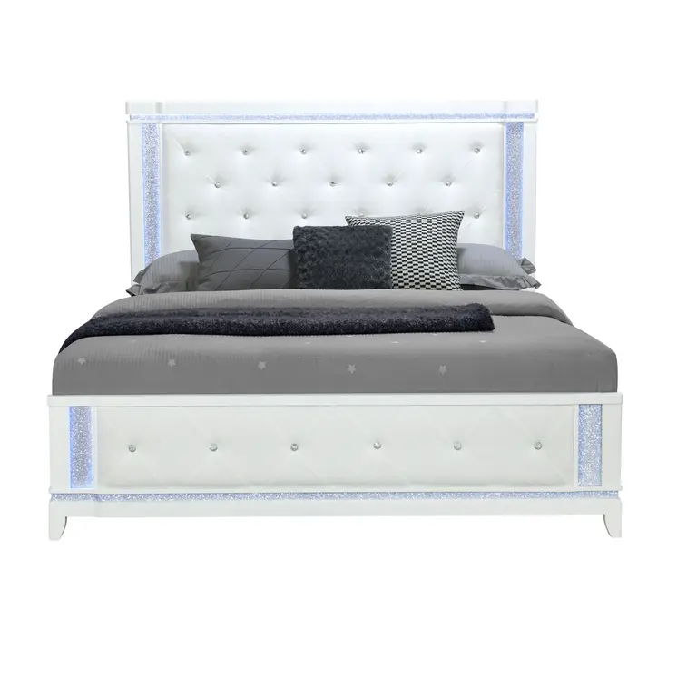 White Faux Crystal Bling Wood And Tufted Cotton Lighted King Bed Frame