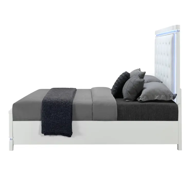 White Faux Crystal Bling Wood And Tufted Cotton Lighted Queen Bed Frame