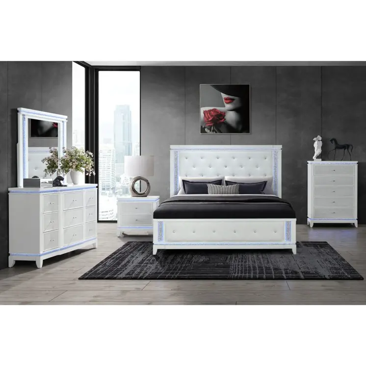 White Faux Crystal Bling Wood And Tufted Cotton Lighted Queen Bed Frame