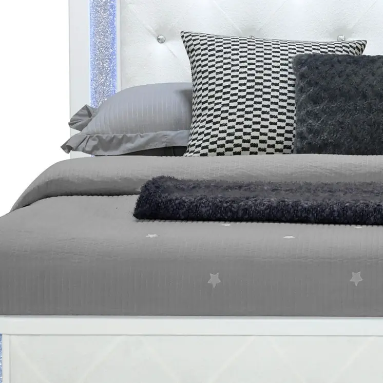White Faux Crystal Bling Wood And Tufted Cotton Lighted Queen Bed Frame