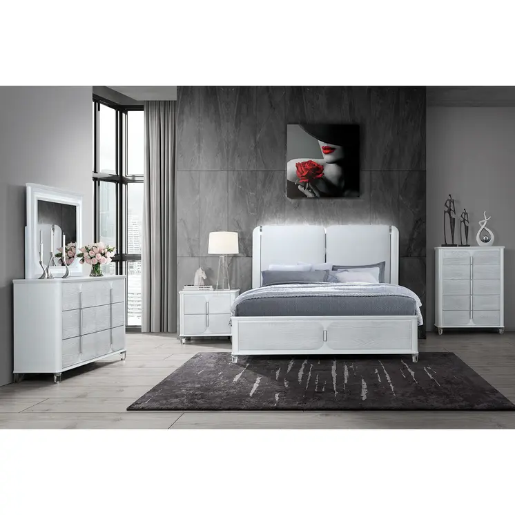 Gray and White Wood And Upholstery Lighted Queen Bed Frame