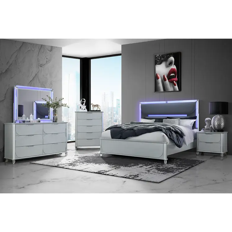 Silver and Gray Wood And Upholstery Lighted King Bed Frame