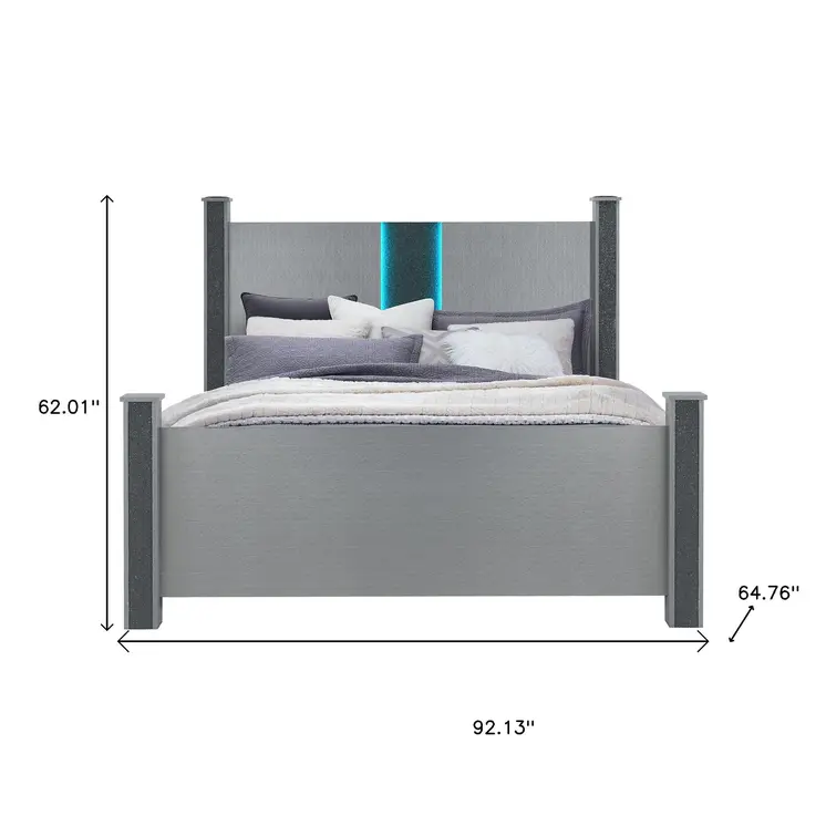 Silver Wood And Faux Crystals Lighted Queen Four Poster Bed Frame
