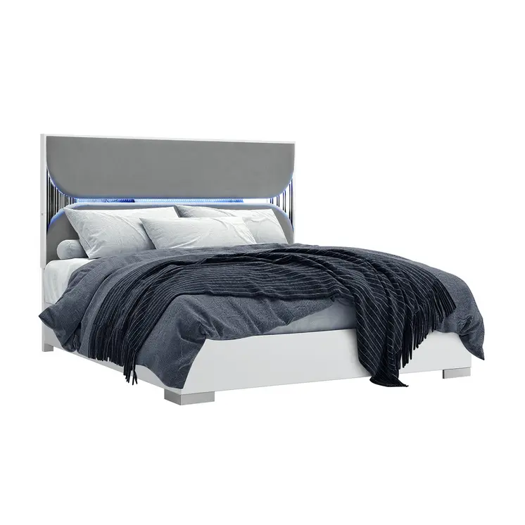 White and Gray Wood And Upholstery Lighted King Bed Frame
