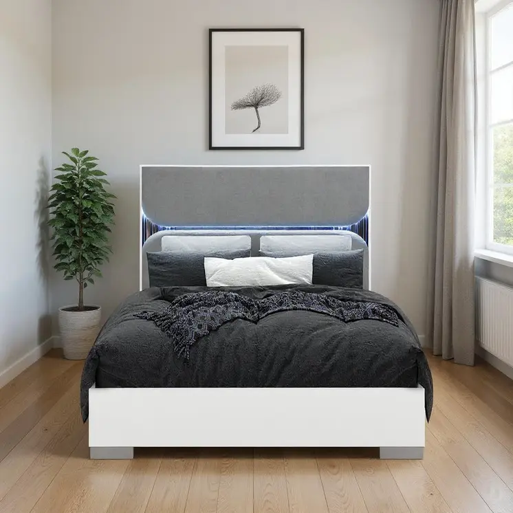 White and Gray Wood And Upholstery Lighted Queen Bed Frame