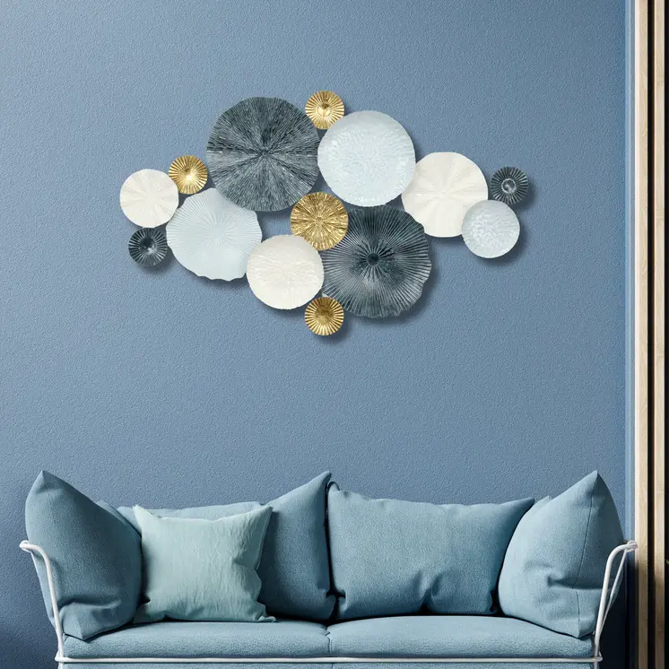 25" X 41" Blue Metal Abstract Geometric Round Discs Hanging Dimensional Sculpture