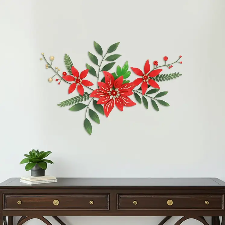 15" X 22" Red Christmas Floral Metal Hanging Dimensional Sculpture