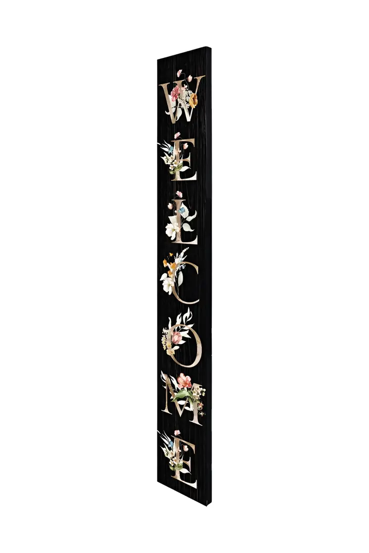 72" Black Solid Wood Floral Welcome Porch Sign
