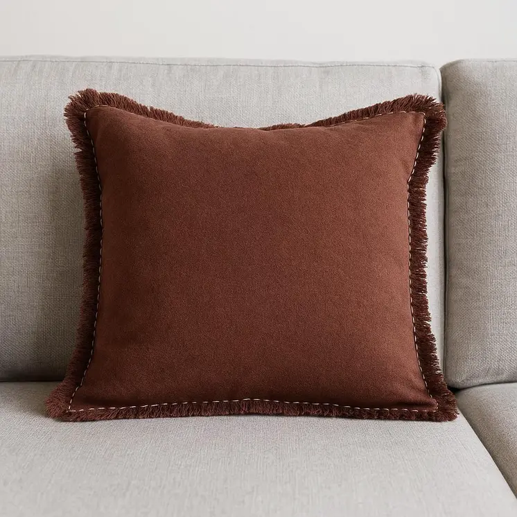 22" Russet Linen And Cotton Throw Pillow with Fringe