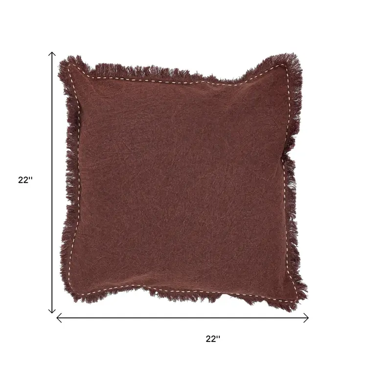 22" Russet Linen And Cotton Throw Pillow with Fringe