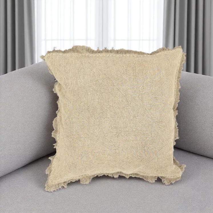 22" Natural Linen And Cotton Throw Pillow with Fringe
