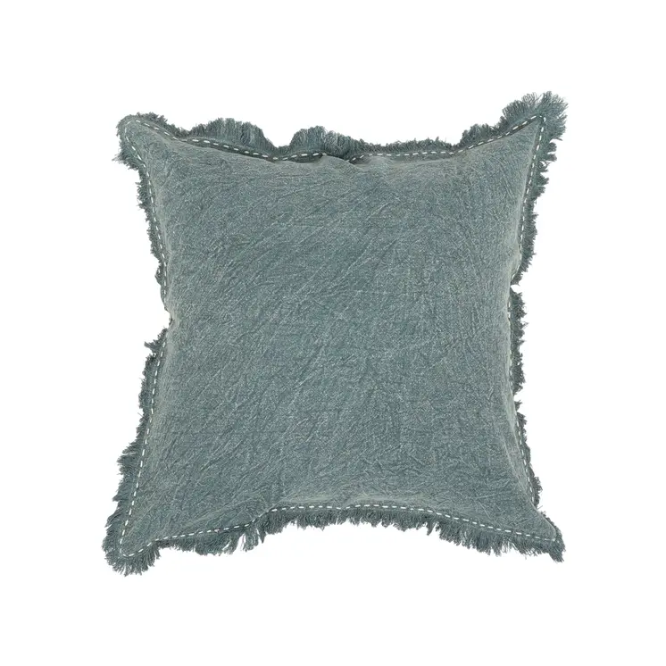 22" Green Linen And Cotton Throw Pillow with Fringe
