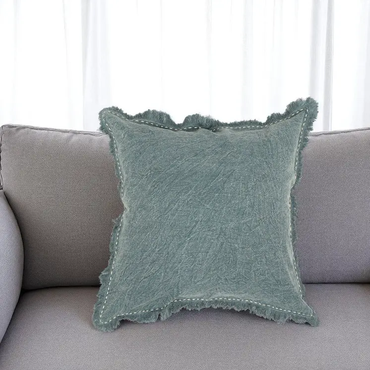 22" Green Linen And Cotton Throw Pillow with Fringe