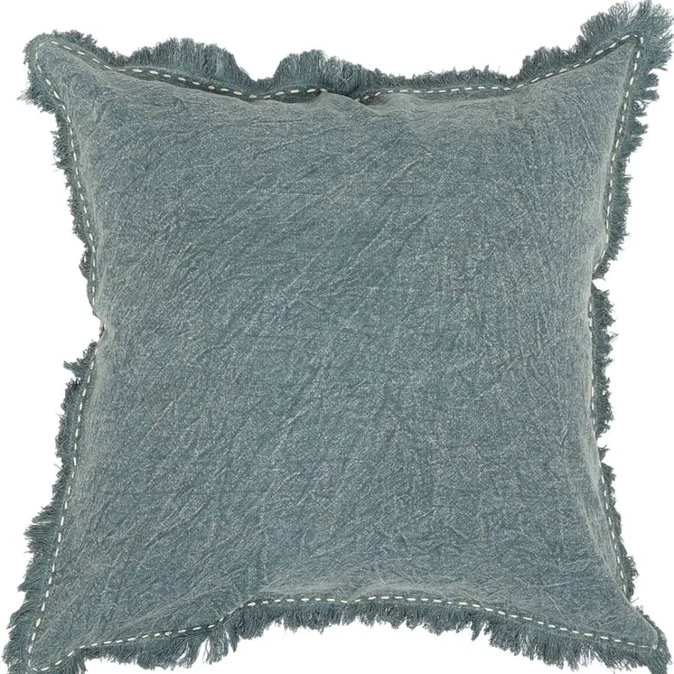 22" Green Linen And Cotton Throw Pillow with Fringe