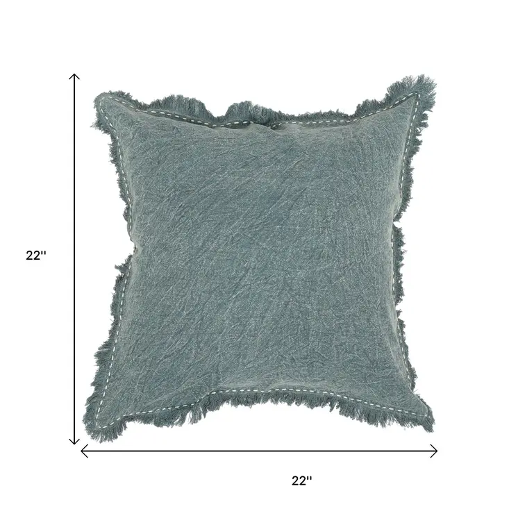 22" Green Linen And Cotton Throw Pillow with Fringe