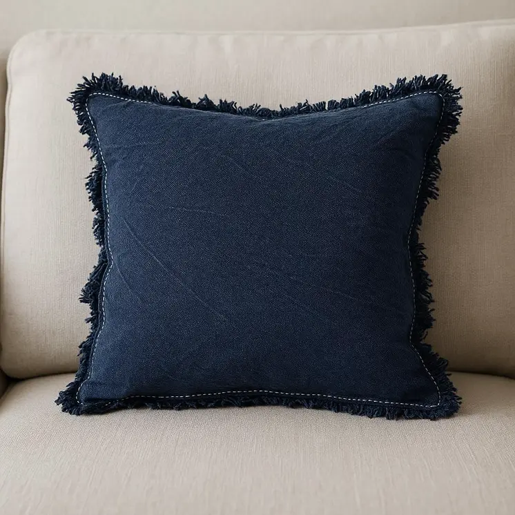 22" Indigo Linen And Cotton Throw Pillow with Fringe