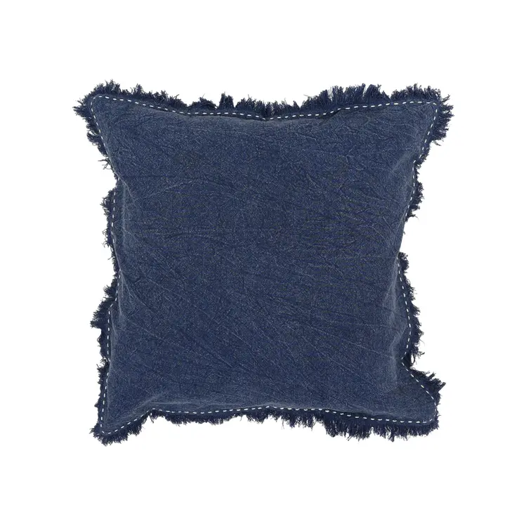 22" Indigo Linen And Cotton Throw Pillow with Fringe