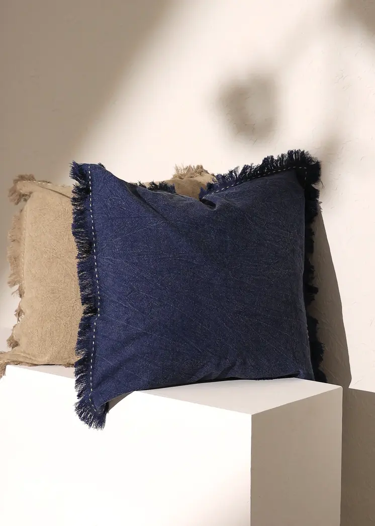 22" Indigo Linen And Cotton Throw Pillow with Fringe