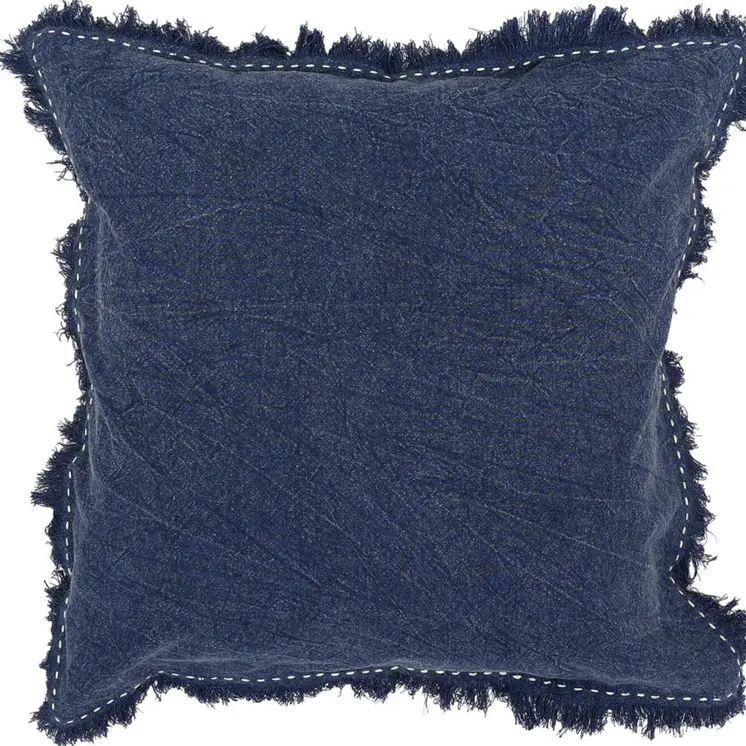 22" Indigo Linen And Cotton Throw Pillow with Fringe