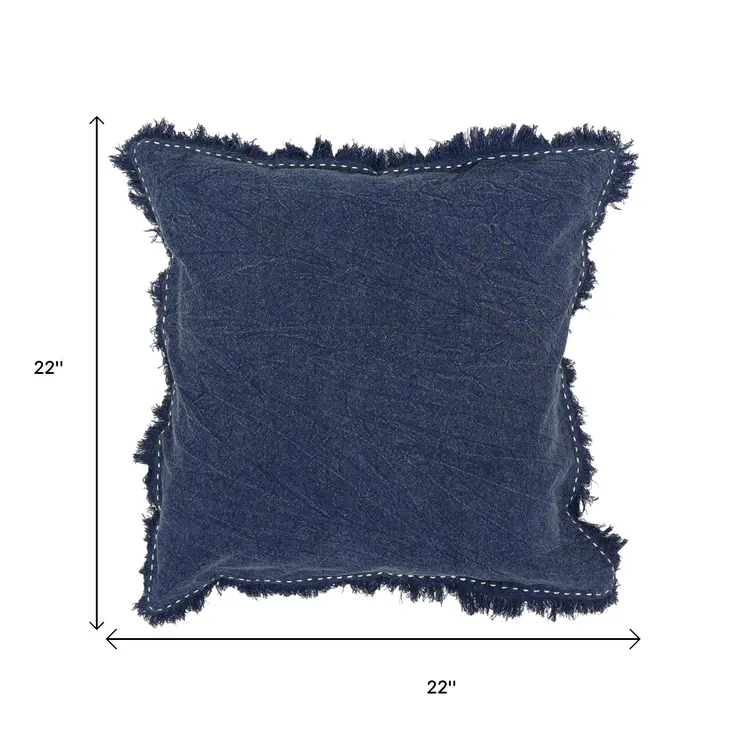 22" Indigo Linen And Cotton Throw Pillow with Fringe