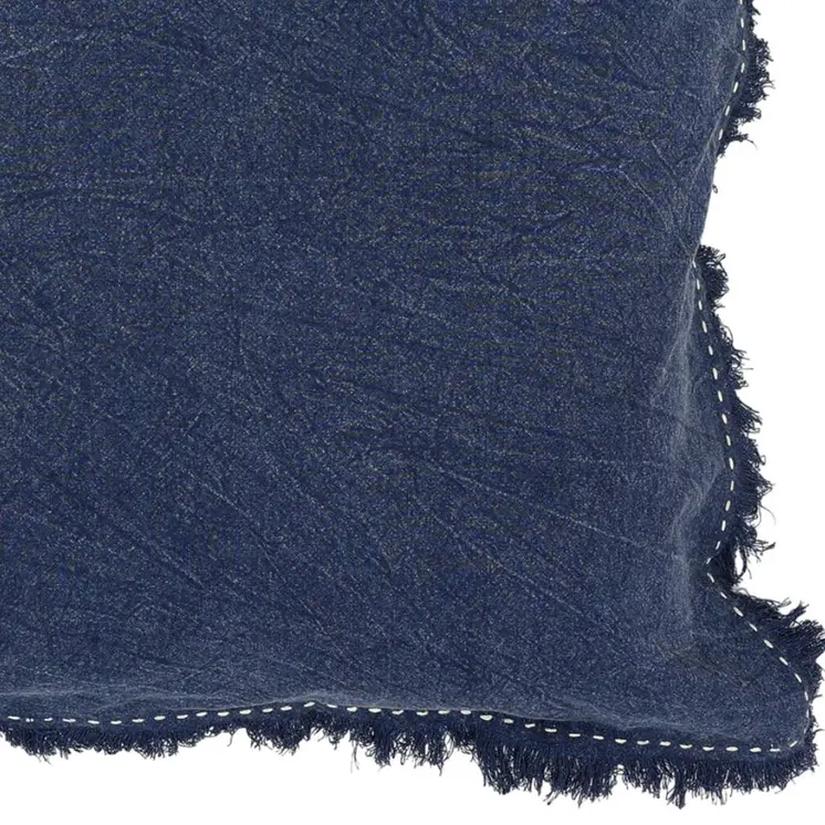 22" Indigo Linen And Cotton Throw Pillow with Fringe