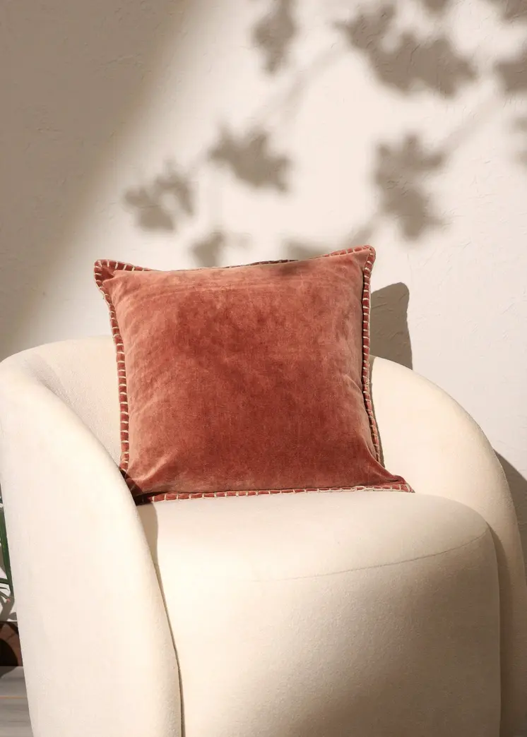 19" Orange Velvet And Cotton Throw Pillow