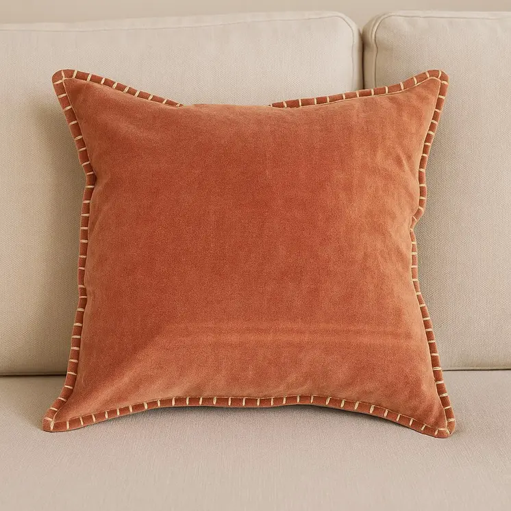 19" Orange Velvet And Cotton Throw Pillow