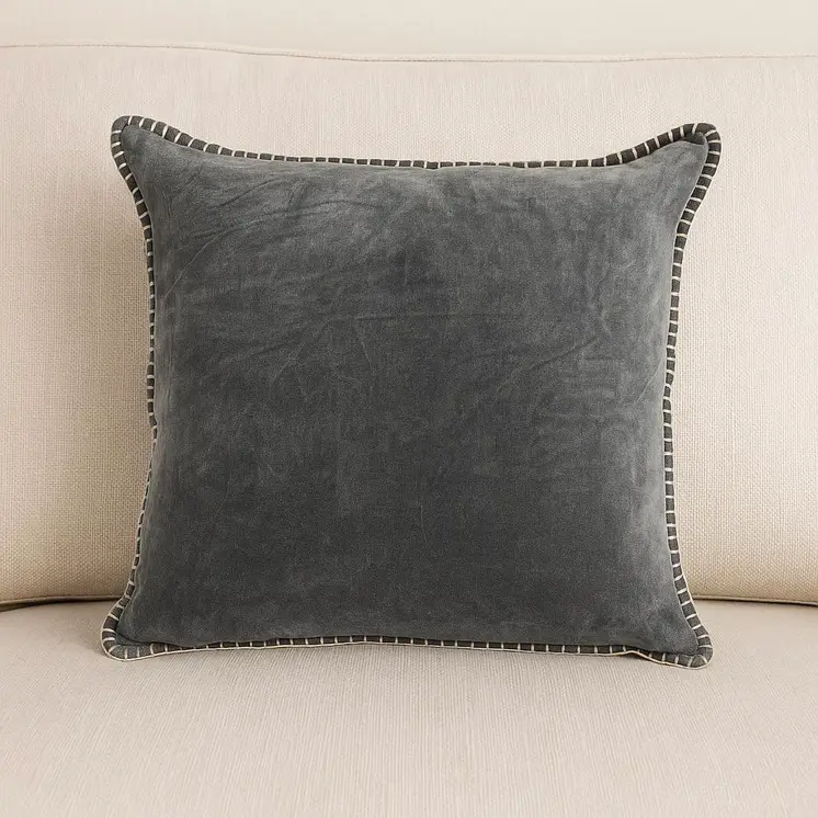 19" Charcoal Velvet And Cotton Throw Pillow