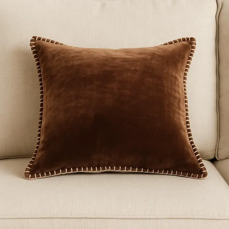 19" Brown Velvet And Cotton Throw Pillow