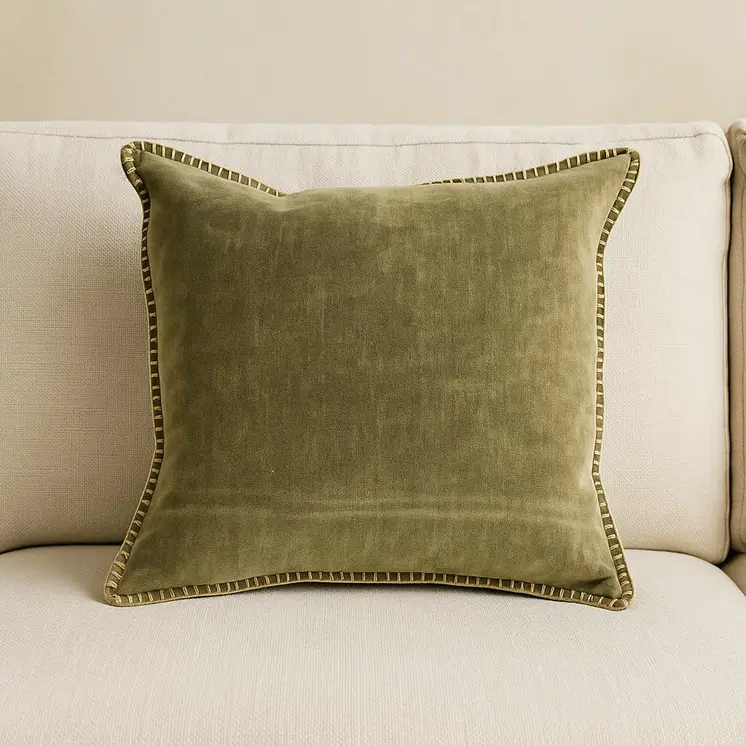 19" Olive Green Velvet And Cotton Throw Pillow