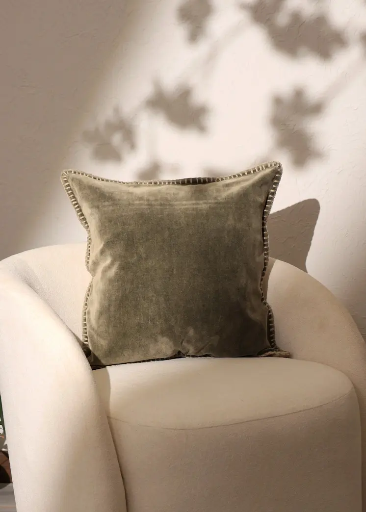 19" Olive Green Velvet And Cotton Throw Pillow