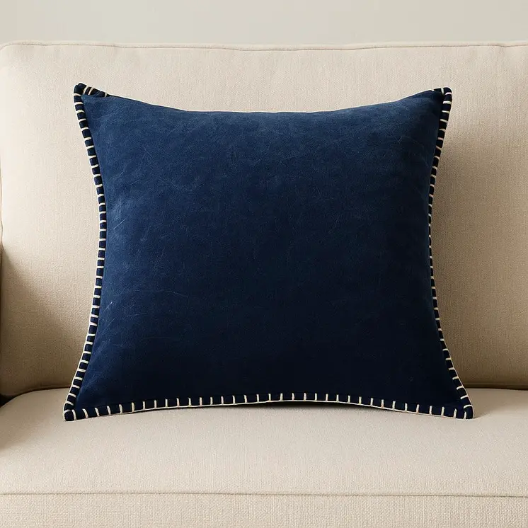 19" Indigo Velvet And Cotton Throw Pillow