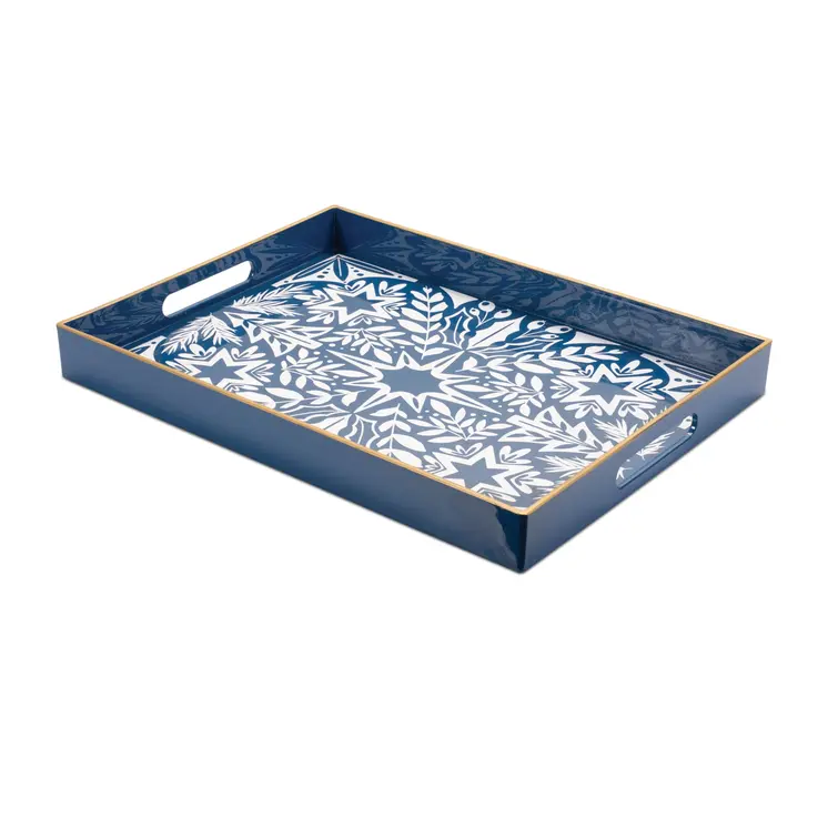 16" Blue And White Geometric Star And Trees Serving Tray With Handles