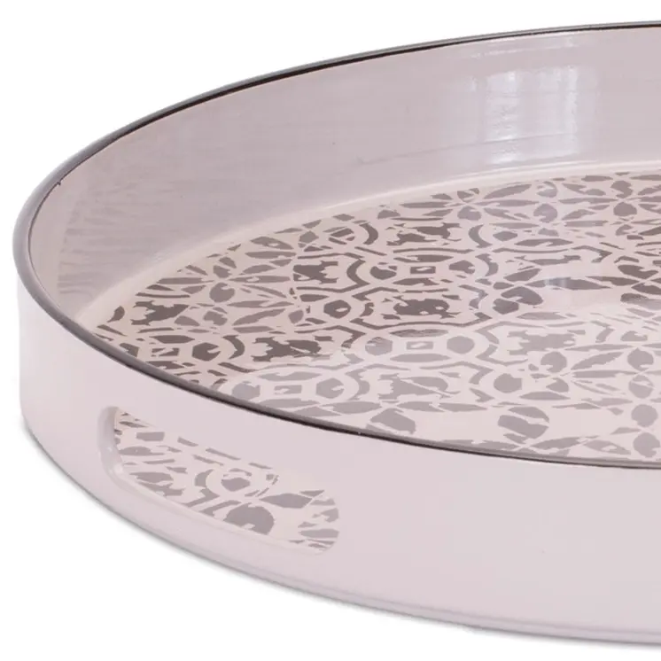 14" Cream And Gray Geometric Pad Print Round Serving Tray With Handles