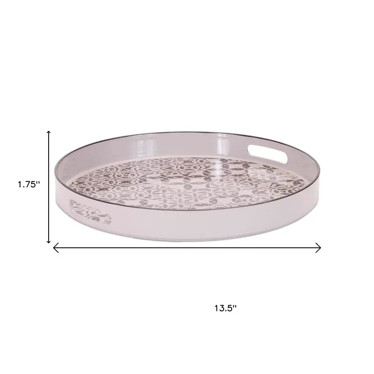 14" Cream And Gray Geometric Pad Print Round Serving Tray With Handles