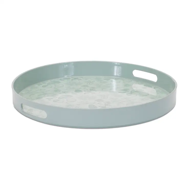 14" Pale Sage Mushrooms Round Serving Tray With Handles
