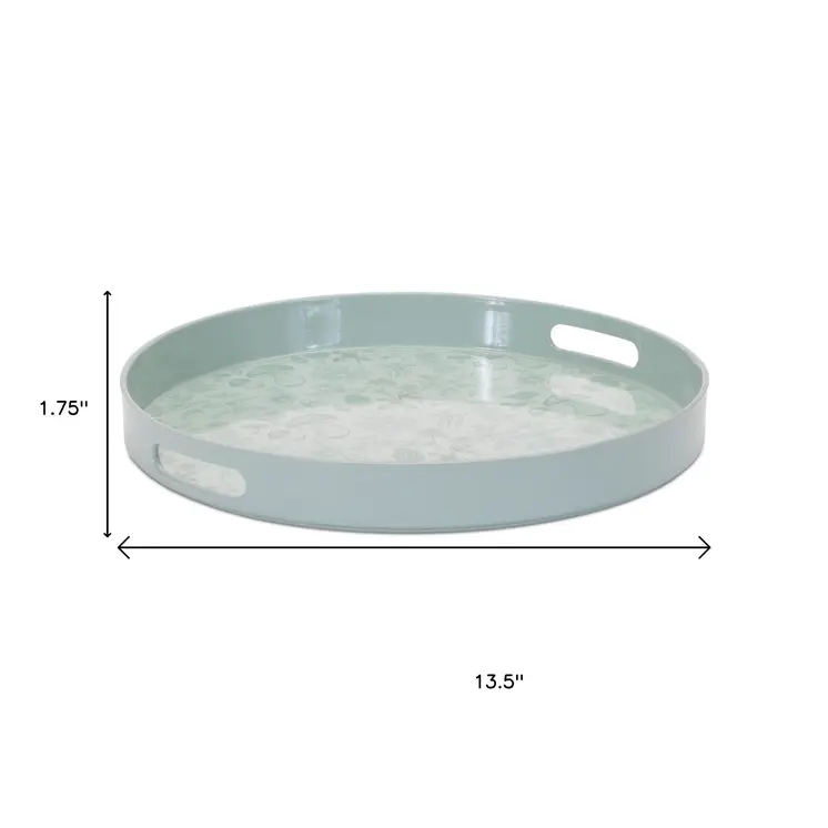 14" Pale Sage Mushrooms Round Serving Tray With Handles