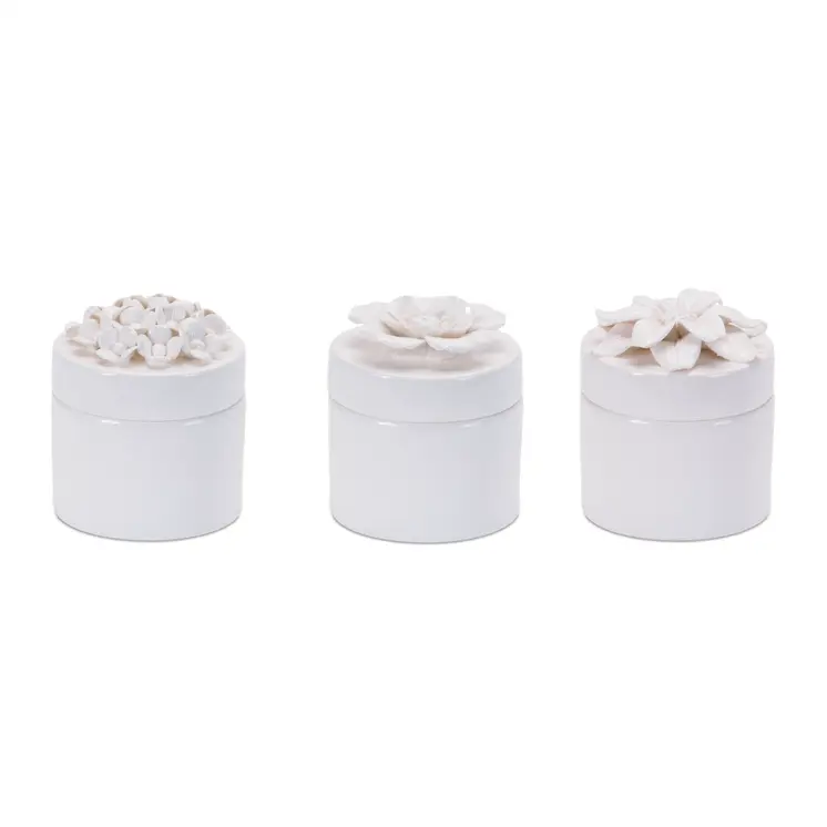 Set of Three White Ceramic Flowers Decorative Keepsake Boxes