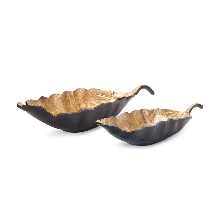 Set of Two 25" Black And Gold Cast Aluminum Rustic Leaf Centerpiece Bowls