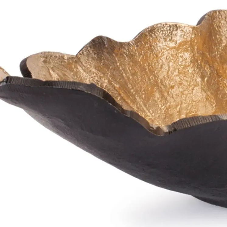Set of Two 25" Black And Gold Cast Aluminum Rustic Leaf Centerpiece Bowls