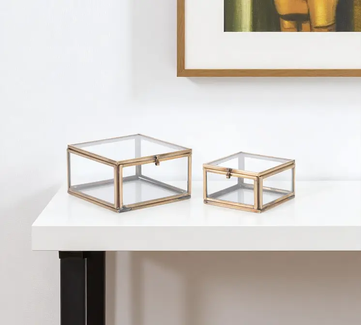 Set of Two Clear And Gold Glass Decorative Keepsake Boxes